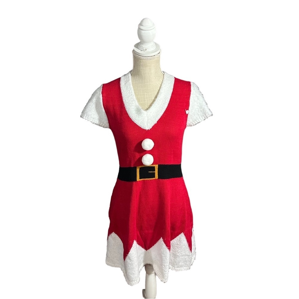 Allison Britney Red White Black V-Neck Sweater Dress Sz S NWOT Mrs Santa Claus